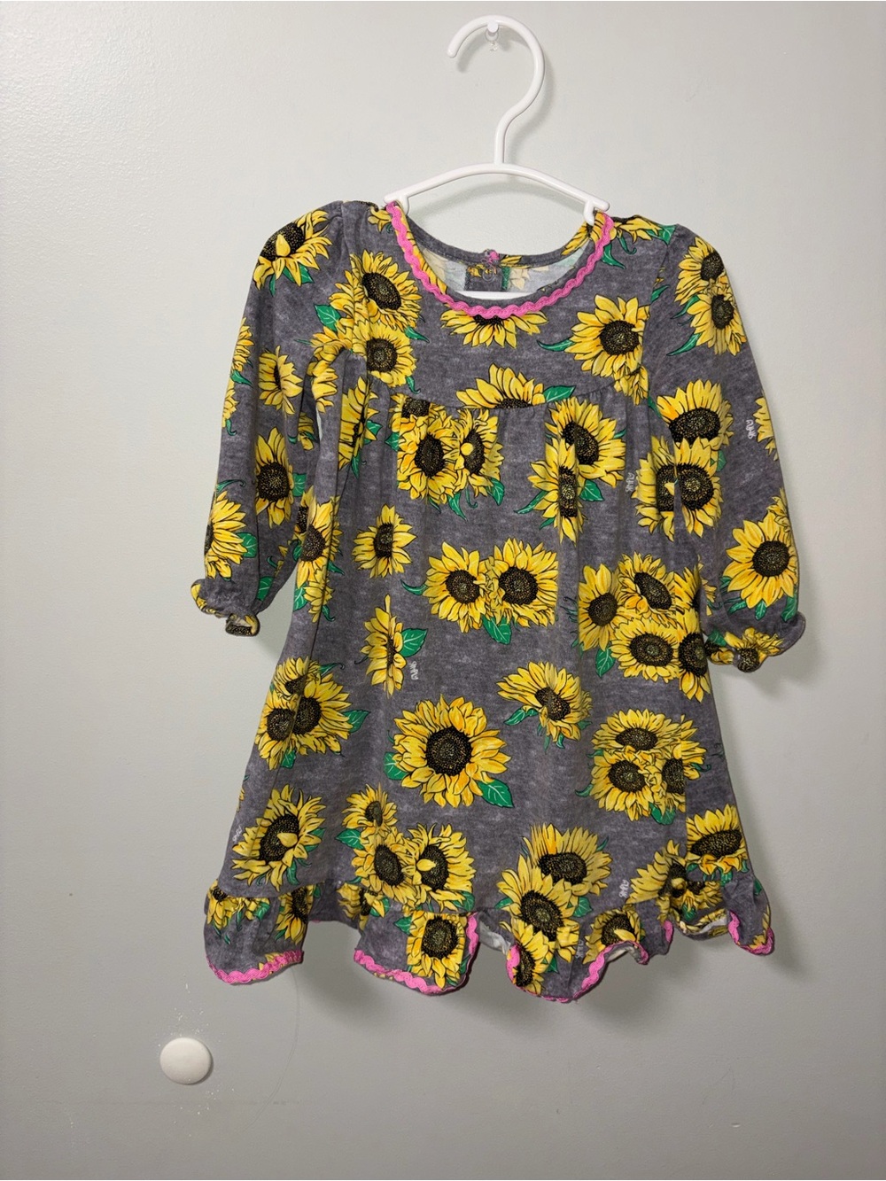 Simply Southern Gray & Yellow Sunflower Dress/Nightgown Ruffle Hem 2T
